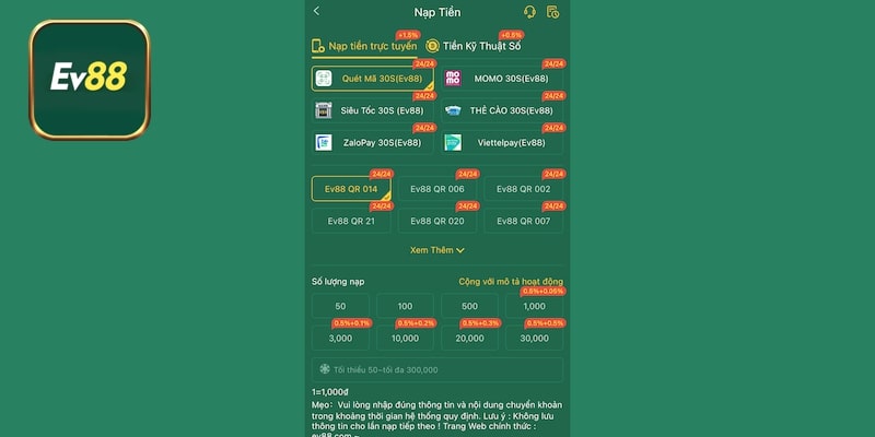 EV88 sở hữu hệ thống nạp rút tiện lợi